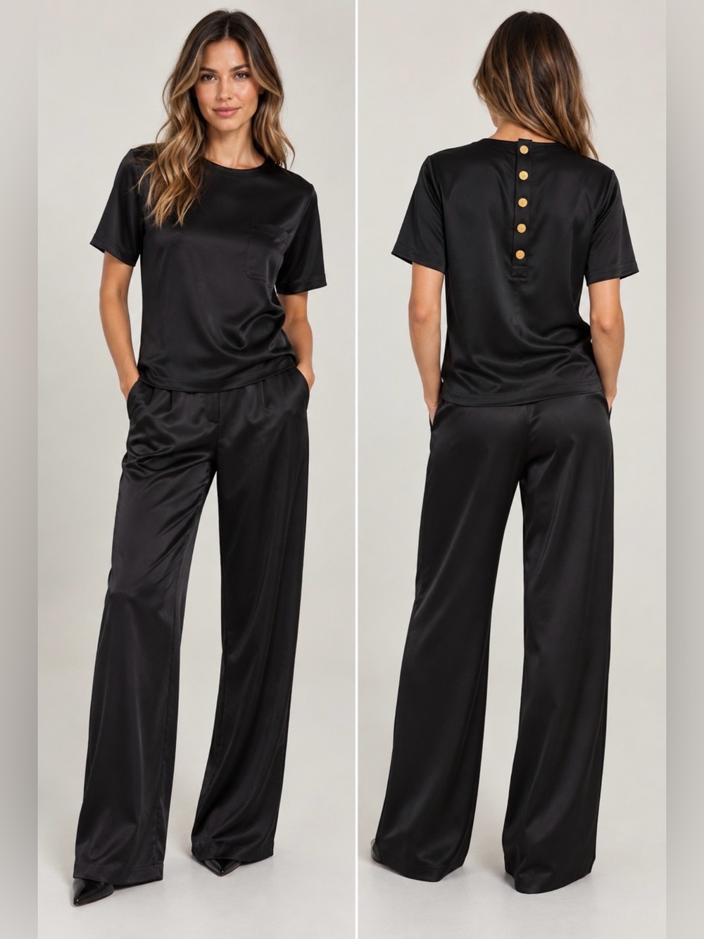 AUTHENTIC CHANEL Black Silk Short-Sleeve Top with Gold Medallion Chanel Buttons